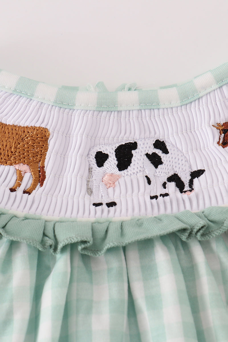Gingham Cow Smocked Ruffle Bubble