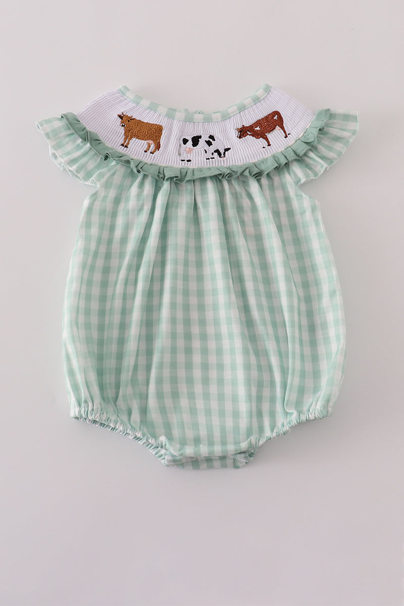 Gingham Cow Smocked Ruffle Bubble