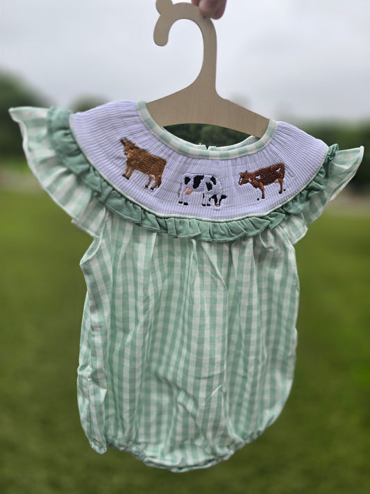 Gingham Cow Smocked Ruffle Bubble