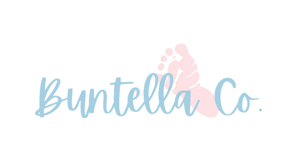 Logo of Buntella Co. with a pink footprints design on a white background